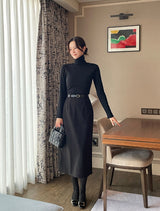 Cre wool pin tuck H-line slit long skirt (belt set)