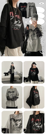 クラッシュ オーバーサイズ フィット カラー レイヤード ロング スリーブ Tシャツ