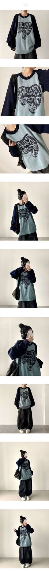 Duka heart color matching Nagrang ボックスフィットラウンドニット