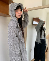 ジャリングフリルチェックフード長袖シャツ