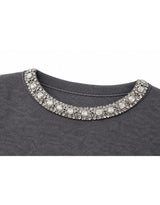 Aria Beaded Point Short Sleeve Puff Knit Top Charcoal