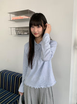 ムンタボーダーフリル襟付き長袖Tシャツ