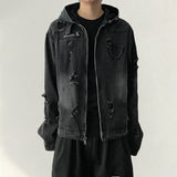 スポットビンテージダメージクラックデニムフーデッドジップアップジャケット