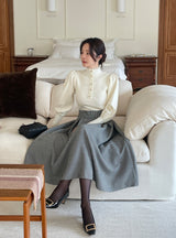 Levin Puff Pearl Button Frill Lace Turtleneck Knit