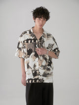 Cuban-style loose and breathable short-sleeved shirt with black and white portrait blur print.