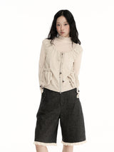 CONFUN sleeveless drawstring beaded linen design short pullover hoodie