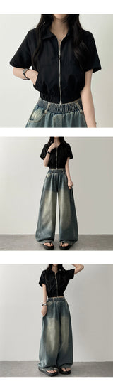 Rize waistbanding side pin tuck incision denim washed wide pants