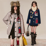 Kitsch look Embroidered Patch Quilted Duffle Coat