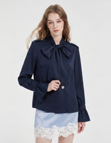 [PRE-FALL] Lune High Neck Ribbon-Tie Flared-Cuff Jacket Navy