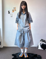 Logi Striped Linen Balloon Short Sleeve Shirt 2color
