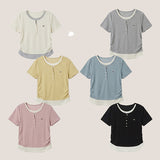 Loose Slim Fit 💫 Coloring Layered U-Neck Shirring Button Daily T-Shirt (6 colors)