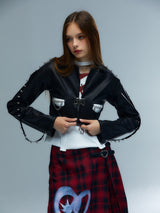 Emoha Hand-painted catcatcat punk short leather jacket