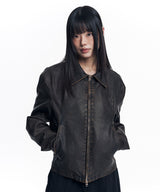 Washed Leather Crop Jacket - Brown