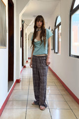 CHECK FRILL PANTS - BROWN