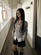 may sleeve button v-neck knit