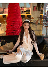 White Smudge Lace Shirring Long Sleeve T-shirt