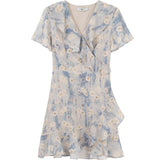 French flower shirring wrap dress
