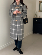 [SHOPPERMADE] アッシュグレーチェックウールロングダッフルコート