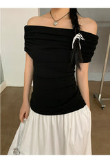 Black Macaron Bow Off Shoulder Tee