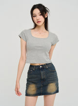 [U-BASIC] Poke Span Square Cap Sleeve T-Shirt