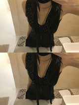 French Dot V-Neck Sleeveless Blouse