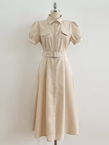 Kazz Shirt Collar Puff Sleeve Long One Piece (Belt Set)