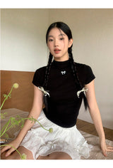 ハーフタートルネックブラックリボンショートスリーブtシャツ