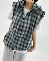 CHECK VEST HOOD ZIP-UP💚🤎 - 3 COLORS
