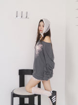 Rose Angel Oversized-fit Off-Shoulder Long Sleeve T-shirt