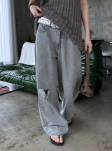 Gray washed damage wide pants