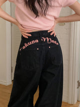Rose Pink Lettering Embroidery Balloon Denim Pants