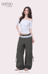 Sherbet off-shoulder button short sleeve T-shirt