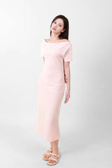 Off-Shoulder Slit Long Onepiece Pink