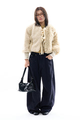 Ribbon tie up soft crop fur jacket