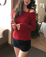Eden Ribbon Strap Unbalanced Shoulder Ribbed Knit
