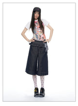 Ruffle-Layer Wide-Leg Denim Bermuda Shorts