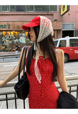 レッドハートドットロングスリーブレスドレス