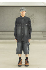 リラックスウォッシュドデニムポケットロングシャツ MSFST001-BK
