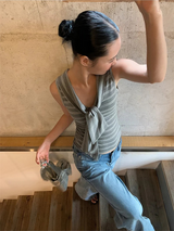 グレー ストライプ ストラップ ノースリーブ Tシャツ