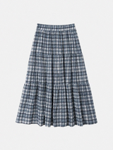 VINTAGE BLUE PLAID TIERED MAXI SKIRT