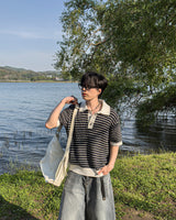 Windy Buckle Stripe Collar Short Sleeve Knit