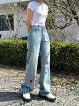FLOWER EMBROIDERED LIGHT BLUE DENIM PANTS code 18103