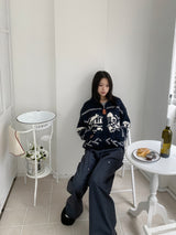 Winter Village House Pattern Knit Zip-Up Cardigan (2 colors)