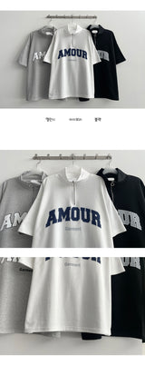Janbeau レタリングハーフジップアップ半袖Tシャツ