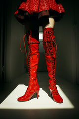 Thigh High Buckle Heel Boots(Red)