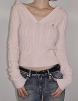 Cable V-Neck Hooded Knit