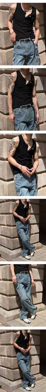 [BASIC ITEM] Henry neck botton sleeveless(3color)