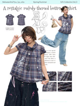 BETWEENAND “Musical Notes Memory” Retro-Style Dark Blue Short-Puffed-Sleeve Plaid Top for Women – New Summer Style