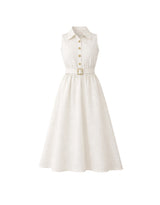 Haren Linen Collar Button Belt Flare Dress Ivory Short VER