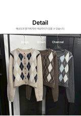 [F/W] Argyle round neck crop cardigan(3color)